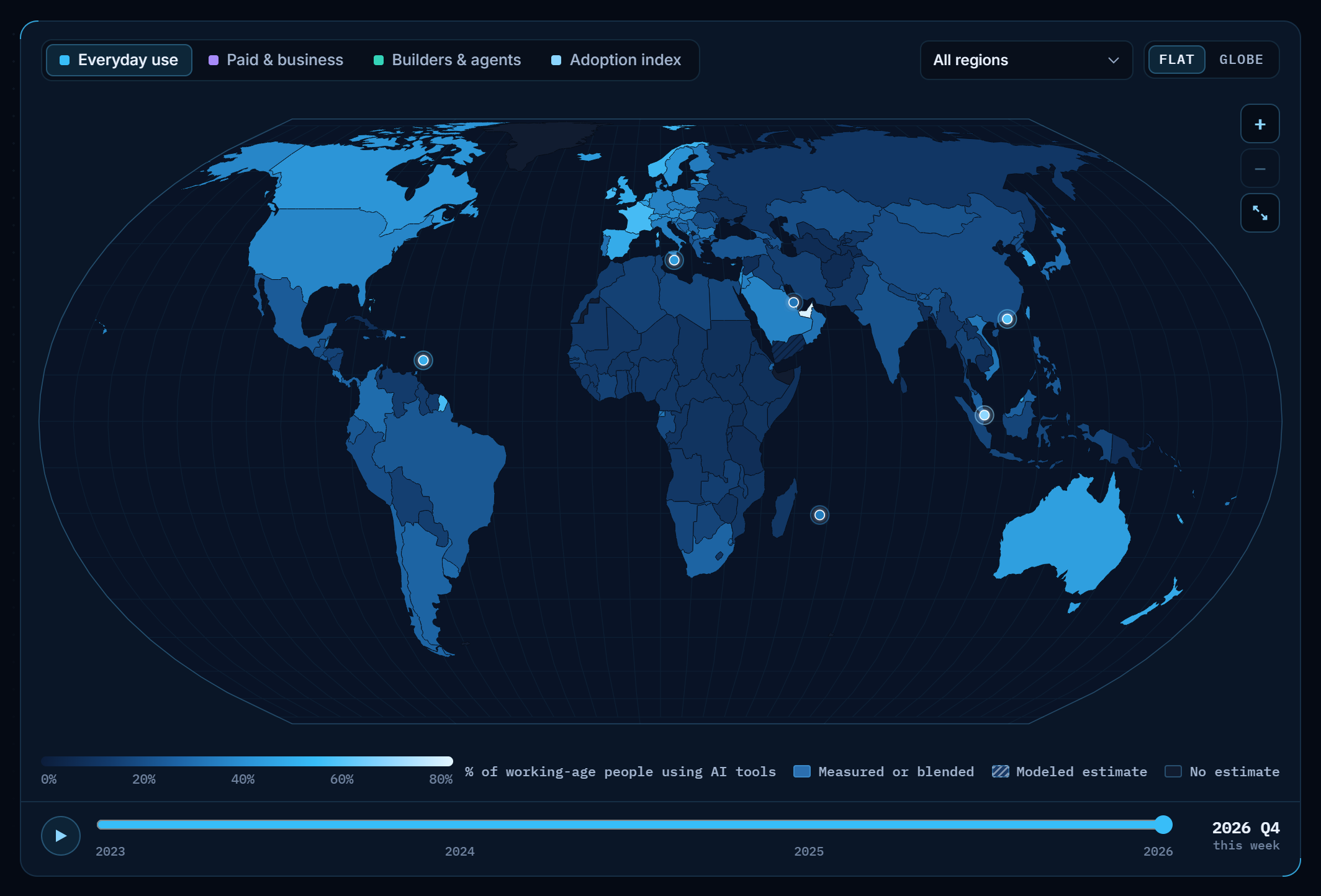 World map of everyday AI use by country in 2026, share of working-age people using AI tools. The UAE, Singapore, Western Europe, the US and Australia are the brightest.